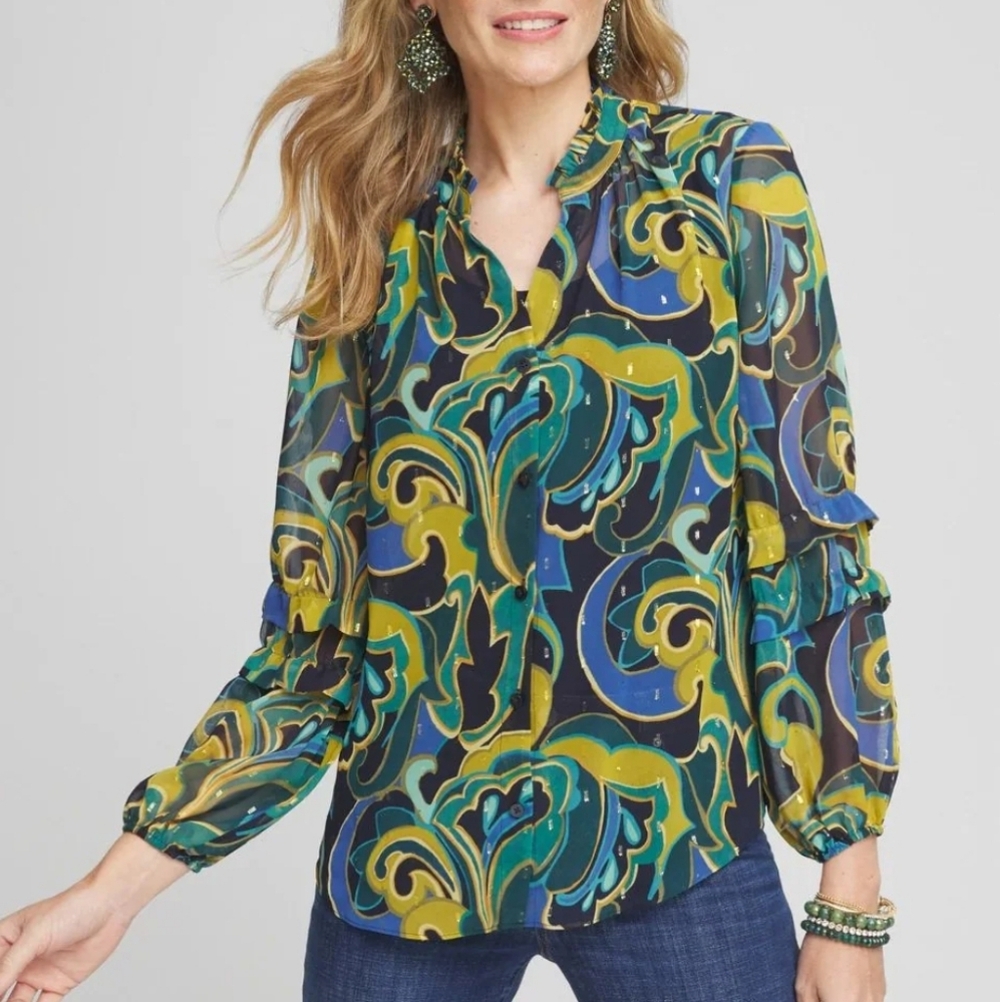 Chico's Chiffon Clip‎ Dot Swirl Sheer Blouse Top Size 12 Button Down Front